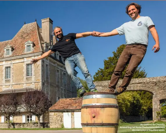  ?? ?? Au château de Chamilly, Arnaud (à g.) et Xavier Desfontain­e élaborent des mercureys à l’équilibre serein.