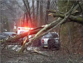  ?? PETE BANNAN – DIGITAL FIRST MEDIA ?? This tree hit a car and pulled down wires in the 1400 block of Ship Road in West Whiteland on Monday afternoon. The driver was shaken up but not injured. Police say the wires lessened the impact on the car.