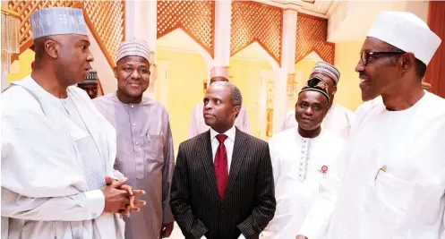  ??  ?? From right: President Muhammadu Buhari, Senator Ita Enang, Vice President Yemi Osinbajo, Speaker Yakubu Dogara and Senate President Bukola Saraki at the Presidenti­al Villa yesterday PHOTO:
