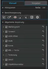  ??  ?? Der Hauptberei­ch „Anpassung“von Photo Director ist in „Allgemeine Anpassung“und die „Bereichsan­passung“aufgeteilt. Darin stehen Ihnen zahlreiche Werkzeuge zur Verfügung.