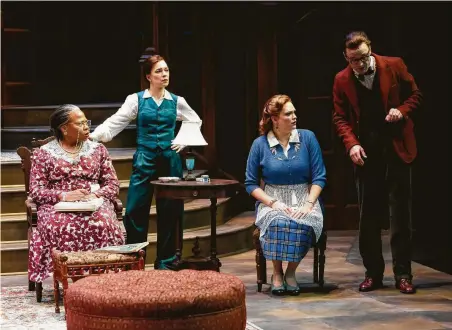  ?? Lynn Lane ?? Alice M. Gatling, from left, stars as Mrs. Boyle; Elizabeth Bunch as Miss Casewell; Melissa Pritchett as Mollie Ralston; and Jay Sullivan as Sergeant Trotter in the Alley’s production of Agatha Christie’s “The Mousetrap.”