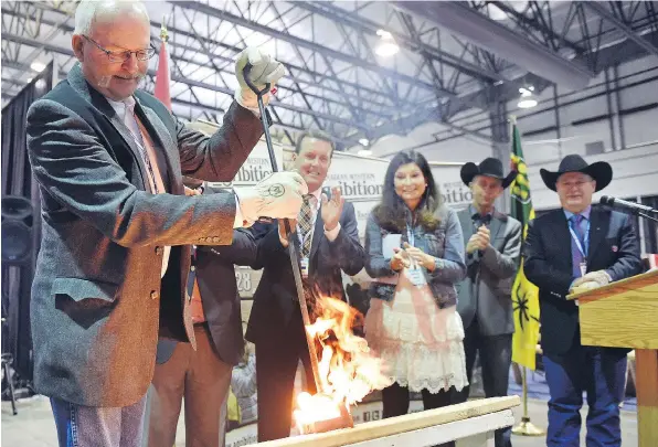  ?? PHOTOS: DON HEALY/REGINA LEADER-POST ?? Agricultur­e Minister Lyle Stewart takes the iron in hand at the annual Burning of the Brand at Canadian Western Agribition on Monday.