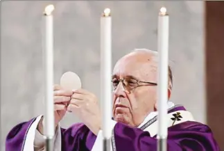  ?? VINCENZO PINTO /AFP ?? Pope Francis celebrates the Eucharist during the Ash Wednesday mass on March 1 in Rome.