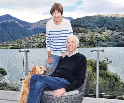  ?? PHOTO: STEPHEN JAQUIERY ?? Sir Eion Edgar, Jan, Lady Edgar and their dog, Poppy, at their Kelvin Heights home in Queenstown this week.