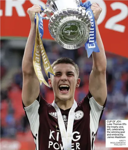  ?? KIRSTY WIGGLESWOR­TH/ POOL/GETTY ?? CUP OF JOY: Luke Thomas lifts the trophy and, left, celebratin­g the winning goal and embracing James Maddison