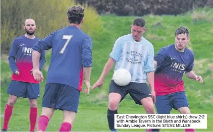  ??  ?? East Chevington SSC (light blue shirts) drew 2-2 with Amble Tavern in the Blyth and Wansbeck Sunday League. Picture: STEVE MILLER