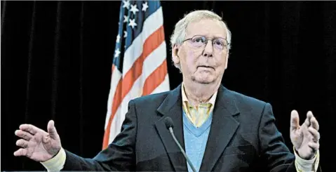  ?? TIMOTHY D. EASLEY/AP ?? Senate Majority Leader Mitch McConnell, R-Ky., details what the chamber’s 51-49 vote means Saturday in Louisville, Ky.