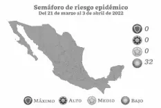  ?? FOTO SEC. DE SALUD MÉXICO ?? EL MAPA DE MÉXICO indicando el nivel de bajo riesgo para los 32 estados a partir del 21de marzo, siendo la primera vez que el país está completame­nte en ese estatus desde que inició la pandemia.