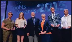  ??  ?? WINNERS: Diane Mcdonald (accepting coach of the Year Award on behalf of Brian Ross) Meg Finnon (Junior female), Councillor Hamish Stewart, Depute Provost Pam Clearie, Graham Ord (Senior Male) and Brian Gilbride (accepting award on behalf of his son Aidan Gilbride – Junior male winner)