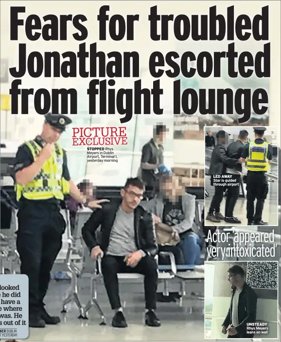  ??  ?? STOPPED
Rhys Meyers in Dublin Airport, Terminal 1, yesterday morning LED AWAY Star is guided through airport UNSTEADY Rhys Meyers leans on wall