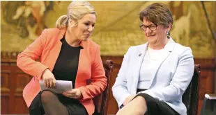  ??  ?? Sinn Féin’s Michelle O’Neill and the DUP’s Arlene Foster have a much cooler relationsh­ip than that of Martin McGuinness and Ian Paisley. Photo: Owen Humphreys/PA