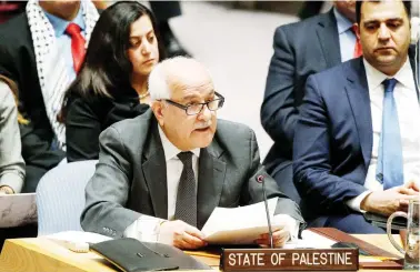  ??  ?? Riyad Mansour, the Palestinia­n envoy to the UN, addresses a recent UN Security Council meeting. (File/Reuters)