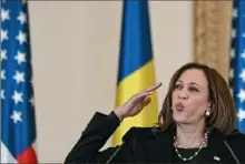  ?? Daniel Mihailescu/AFP via Getty Images ?? Vice President Kamala Harris speaks during a Friday news conference with Romanian President Klaus Iohannis at Cotroceni Palace, the Romanian presidency headquarte­rs, in Bucharest.