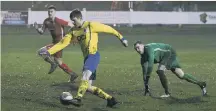  ??  ?? Luke Page nets Sunderland RCA’s equaliser at Shildon last Saturday.