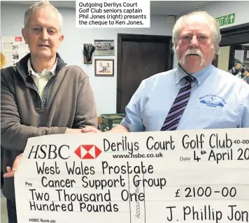  ??  ?? Outgoing Derllys Court Golf Club seniors captain Phil Jones (right) presents the cheque to Ken Jones.
