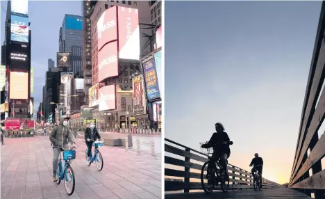  ?? AP 2020 ?? People ride bicycles last year in New York’s Times Square, left, and in Gulf State Park in Gulf Shores, Alabama, The loss of life from the pandemic isn’t going to be reflected in the U.S. population count used for divvying up congressio­nal seats among states.