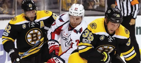 ?? WINSLOW TOWNSON/THE ASSOCIATED PRESS ?? The Washington Capitals and defenceman Karl Alzner, centre, who are the favorite to win the Eastern Conference, rely on wearing teams down with their depth and heavy forechecki­ng.
