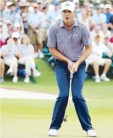  ?? AFP ?? Jordan Spieth reacts to a missed birdie putt on the 18th green during the second round of the Masters at Augusta National Golf Club in Augusta, Georgia.