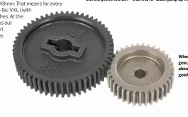  ??  ?? When the pinion is nearly as big as the spur gear, you know some serious velocity is about to go down. This is the VXL’S “speed gearing,” a 35T pinion and 55T spur gear.
