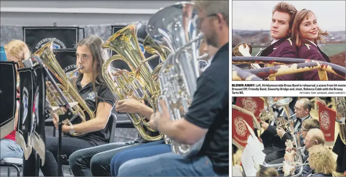  ?? PICTURES: TONY JOHNSON; JAMES HARDISTY. ?? BLOWN AWAY: Left, Kirkbymoor­side Brass Band in rehearsal; a scene from hit movie Brassed Off; Friendly Band, Sowerby Bridge and, inset, Rebecca Cobb with the Brassy Tarts WI.