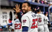  ??  ?? Braves left fielder Matt Kemp was forced to sit out a second straight game Saturday because of a nagging left hamstring injury. It forced him from Thursday’s game.