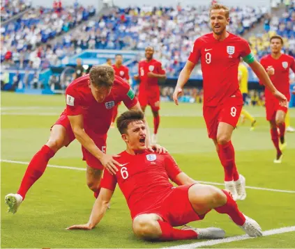  ?? AP PHOTO/FRANCISCO SECO ?? FIRST. England’s Harry Maguire (No. 6) celebrates after scoring the opening goal during the quarterfin­al match against Sweden.