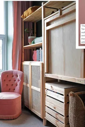  ?? ?? Making the most of the space available, the couple have created a clever wall of storage that has been split into three sections using IKEA doors and shelving. The wall also features a flip-down desk for home working. The pink chair was from a charity shop and the curtains are from H&M Home.
The walls in the spare bedroom are painted in Green 02 by Lick
