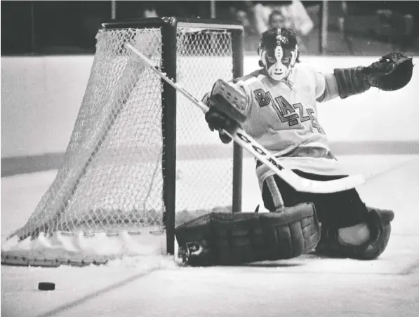  ?? — JOHN DENNISTON ?? Blazers goaltender Don McLeod — nicknamed ‘Smokey’ — strikes a classic pose at the old Pacific Coliseum in the mid-1970s.