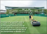  ?? (AFP) ?? A member of ground staff tends to the grass on Court 6 to maintain the Wimbledon standards at the All England Lawn Tennis Club in London on what would have been the first day of the championsh­ips on Monday.