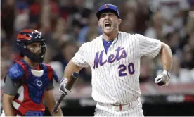  ??  ?? Pete Alonso celebrates after hitting the winning shot in the Home Run Derby. Photograph: Tony Dejak/AP