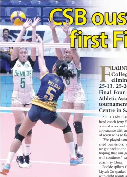  ?? PHOTO BY ENRIQUE AGCAOILI ?? Jose Rizal University’s Renesa Melgar (No. 5) blasts through the block of College of Saint Benilde’s Chelsea Umali (No. 5) and Jade Gentapa during the NCAA Season 95 women’s volleyball tournament at the Filoil Flying V Centre in San Juan City.