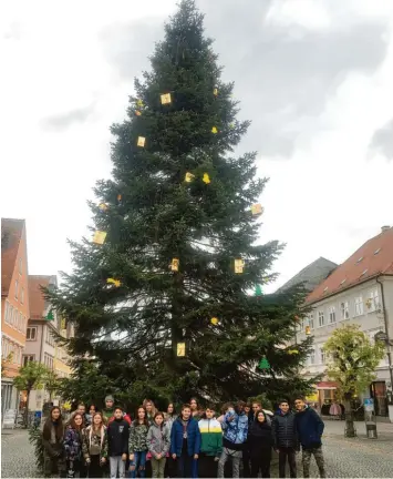  ?? Foto: Remmele/Stadt Günzburg ?? 90 Kinder der Montessori-Schule Günzburg und der Maria-Theresia-Mittelschu­le Günzburg fertigten die Sterne, Tannenbäum­e, Glocken aus Holz für den Christbaum­schmuck am Marktplatz an.