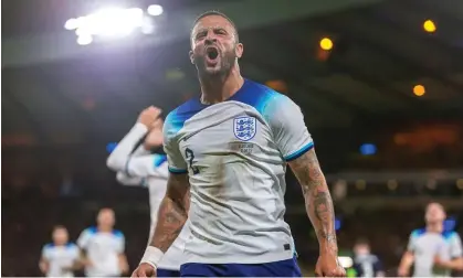  ?? Photograph: Colin Poultney/ProSports/Shuttersto­ck ?? Kyle Walker, who signed a two-year extension to his Manchester City contract, celebrates during England’s midweek win in Scotland.