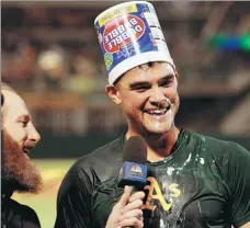 ?? KIEL MADDOX / USA TODAY ?? Sean Manaea is all smiles during a TV interview after his no-hitter against the Boston Red Sox at Oakland Coliseum last Saturday.