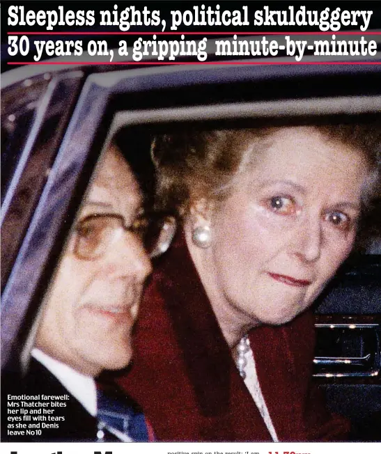  ??  ?? Emotional farewell: Mrs Thatcher bites her lip and her eyes fill with tears as she and Denis leave No 10