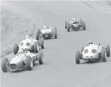  ??  ?? Bottom left At the Nürburgrin­g in 1961, Gurney (pictured outside right at the start, with Brabham leading, followed by Moss, Bonnier and Hill) starts and finishes seventh