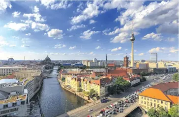  ??  ?? Cosmopolit­an Berlin was ranked the world’s number one city for millennial­s to live in according to a 2018 study. Pictured is the German capital with a view of the cathedral, the television tower and the Spree river