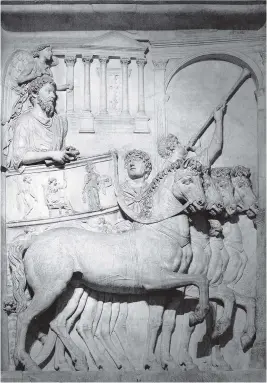  ?? AD ?? Marcus Aurelius in his chariot; bas-relief from a triumphal arch in the Roman Forum that celebrated his victories over the Germans and the Sarmatians, 176–180