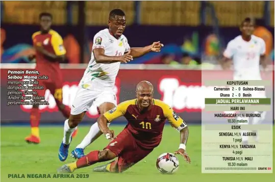  ??  ?? Pemain Benin, Seibou Mama cuba merampas bola daripada kawalan pemain Ghana, Andre Ayew dalam pertemuan kelmarin.