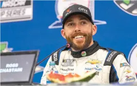  ?? AP Photo/Stephen Spillman ?? ■ Ross Chastain speaks Sunday during a post-race interview after winning a NASCAR Cup Series auto race at Circuit of the Americas in Austin.