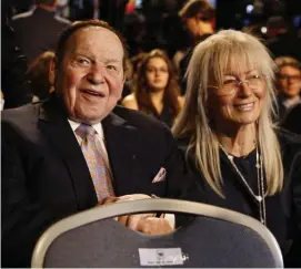  ?? AP FiLe ?? POWER BROKER: Sheldon Adelson and his wife, Miriam, wait for the September 2016 presidenti­al debate between Hillary Clinton and Donald Trump to begin. Adelson died Monday night at 87.