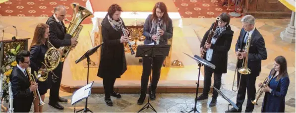  ?? Foto: Manfred Fuchs ?? Das Ensemble imBRASSivo war einer der Interprete­n in der Mertinger Pfarrkirch­e. Es erfreute das Publikum mit namhaften Kompositio­nen.