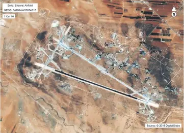  ?? — Reuters photo ?? Shayrat Airfield in Homs, Syria is seen in this DigitalGlo­be satellite image released by the US Defence Department after announcing US forces conducted a cruise missile strike against the airfield.