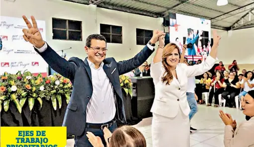  ??  ?? Plan de gobierno. Los candidatos de la fórmula presidenci­al del FMLN, Hugo Martínez y Karina Sosa, presentaro­n ayer por la tarde en CIFCO su programa de gobierno. A la actividad asistieron la dirigencia y militancia.
