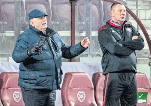  ??  ?? FIGHT: Arbroath boss Dick Campbell and assistant Rab Douglas during the last game against Hearts in December.