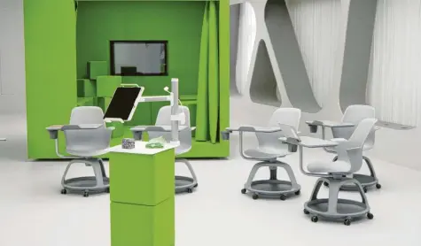  ?? Visualisie­rung: Lehrerakad­emie ?? So sieht der „lernraum.zukunft“aus. An verschiede­nen Stationen werden die Möglichkei­ten digitalen Lernens aufgezeigt, etwa durch Tablet-Computer, einen 3D-Drucker und Green-Screens.