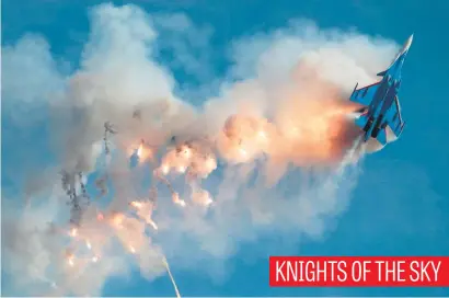  ?? Picture: Reuters ?? A Sukhoi Su-30SM fighter of the Russkiye Vityazi (Russian Knights) aerobatic team performs at the Army 2017 Internatio­nal Military-Technical Forum at the Kubinka airbase outside Moscow yesterday.