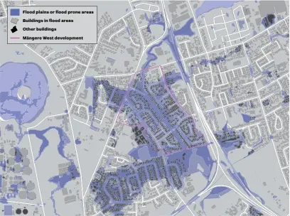  ?? ?? Flood plains or flood prone areas
Buildings in flood areas
Other buildings
Māngere West developmen­t