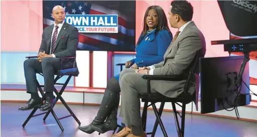  ?? LLOYD FOX/STAFF ?? Gov. Wes Moore, from left, Prince George’s County State’s Attorney Aisha Braveboy and Baltimore State’s Attorney Ivan Bates discuss juvenile justice issues in Maryland during a show livestream­ed from WBFF-TV in Baltimore and online at Baltimores­un.com.