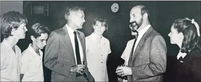  ?? ?? Chat: Astronaut Charles Duke (third from left) talks to Ky Mayor Clive Toms and students from St Augustine’s at the civic reception held at the Wilf Cox Complex on April 9, 1990. Students left to right: Matthew Stone, Simon Costello, Bronwyn Small and Jemma Purdey.